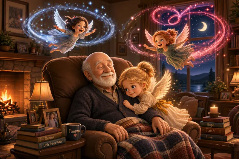 Pawpaw sitting in his chair with Gracie holding his arm as Luna and Rosie zip around